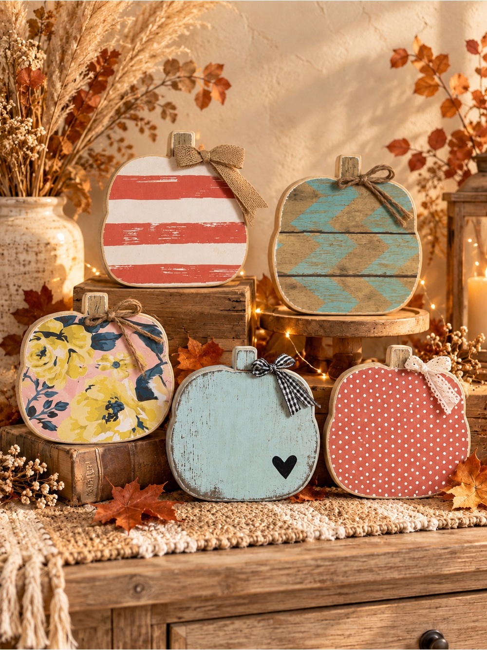 Handmade Boho Decorative Wooden Pumpkin Set - Assorted Autumn Colors